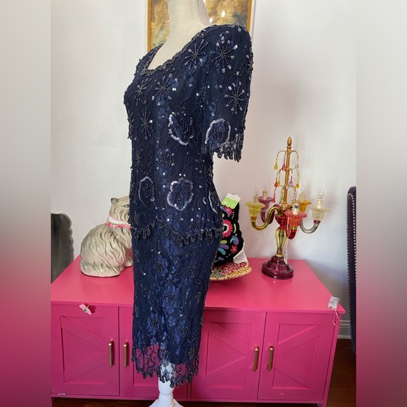 VTG SCALA NAVY BLUE BEADED EVENING GOWN DRIPPY HEM SEQUINED PS PETITE SMALL - Picture 5 of 12